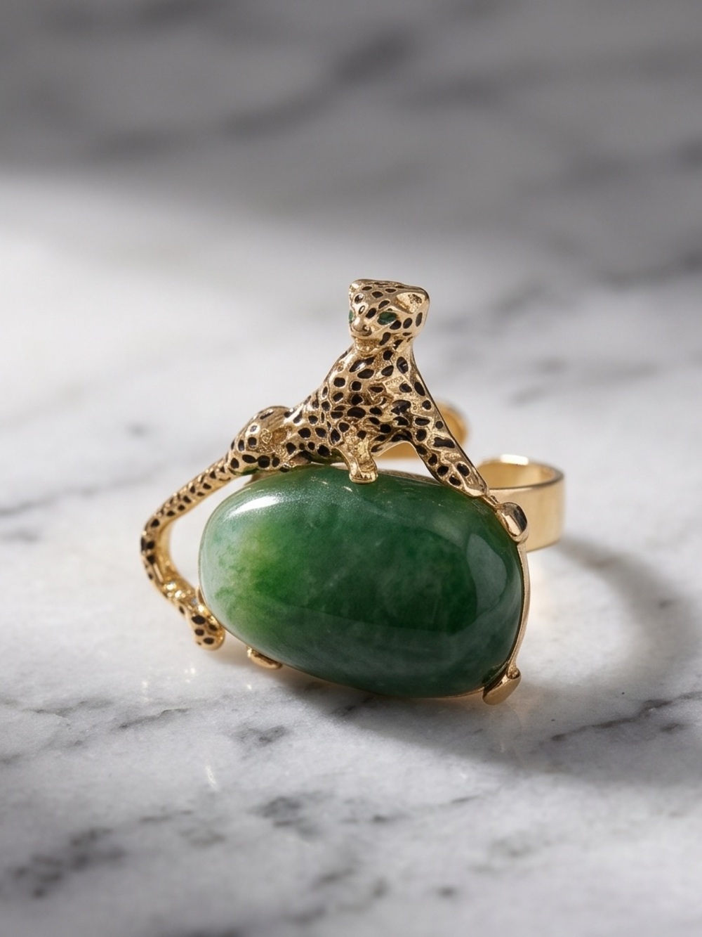 Gold Leopard Ring with Green Jade Cabochon